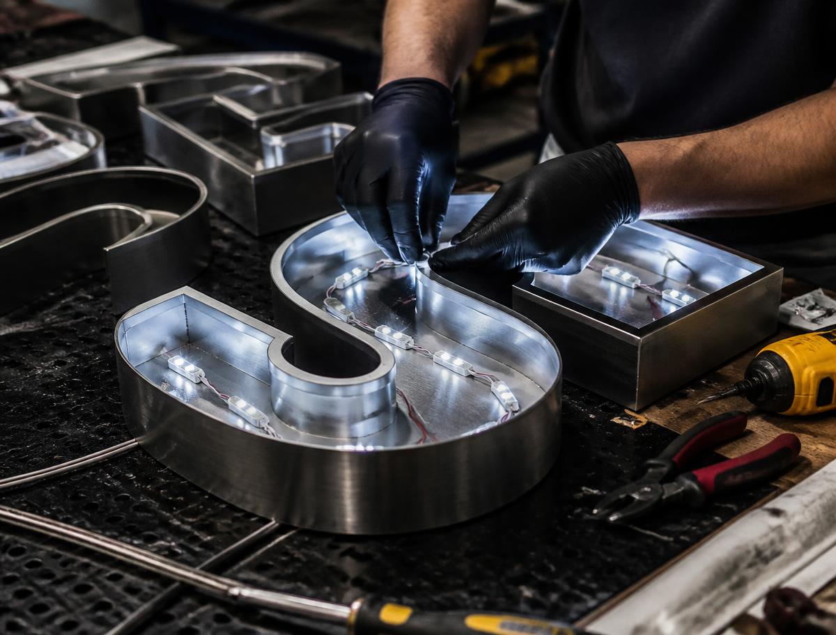 Fabricator wiring LED modules inside the open back of a brushed metal reverse channel letter