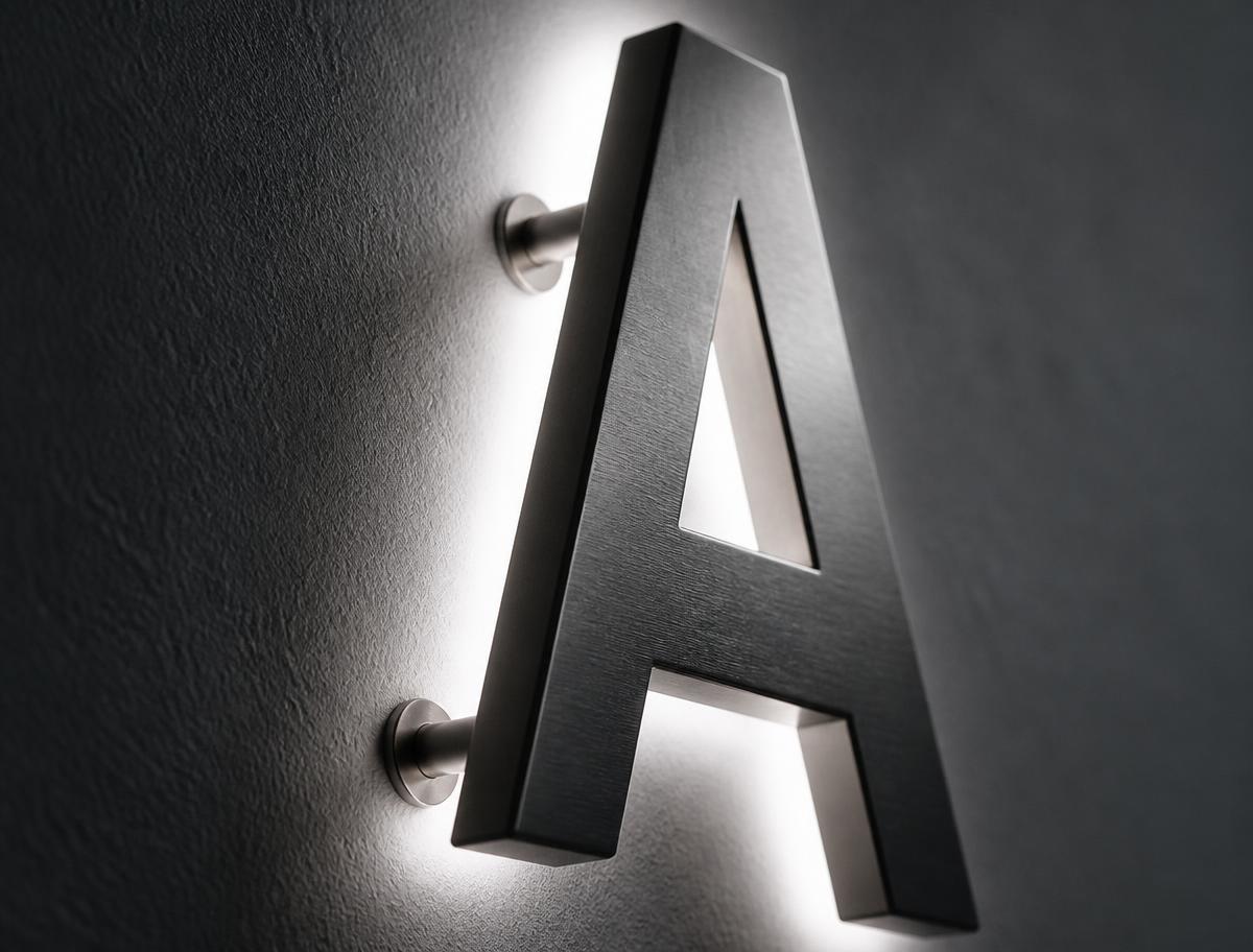 Close-up of a brushed metal letter A on standoffs with an even white halo on the wall behind