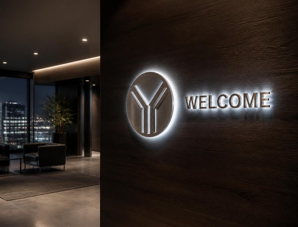 Halo-lit logo mark and Welcome lettering glowing on a dark walnut lobby wall