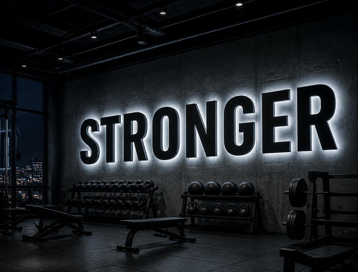 Large matte black halo-lit letters reading Stronger on a concrete gym feature wall