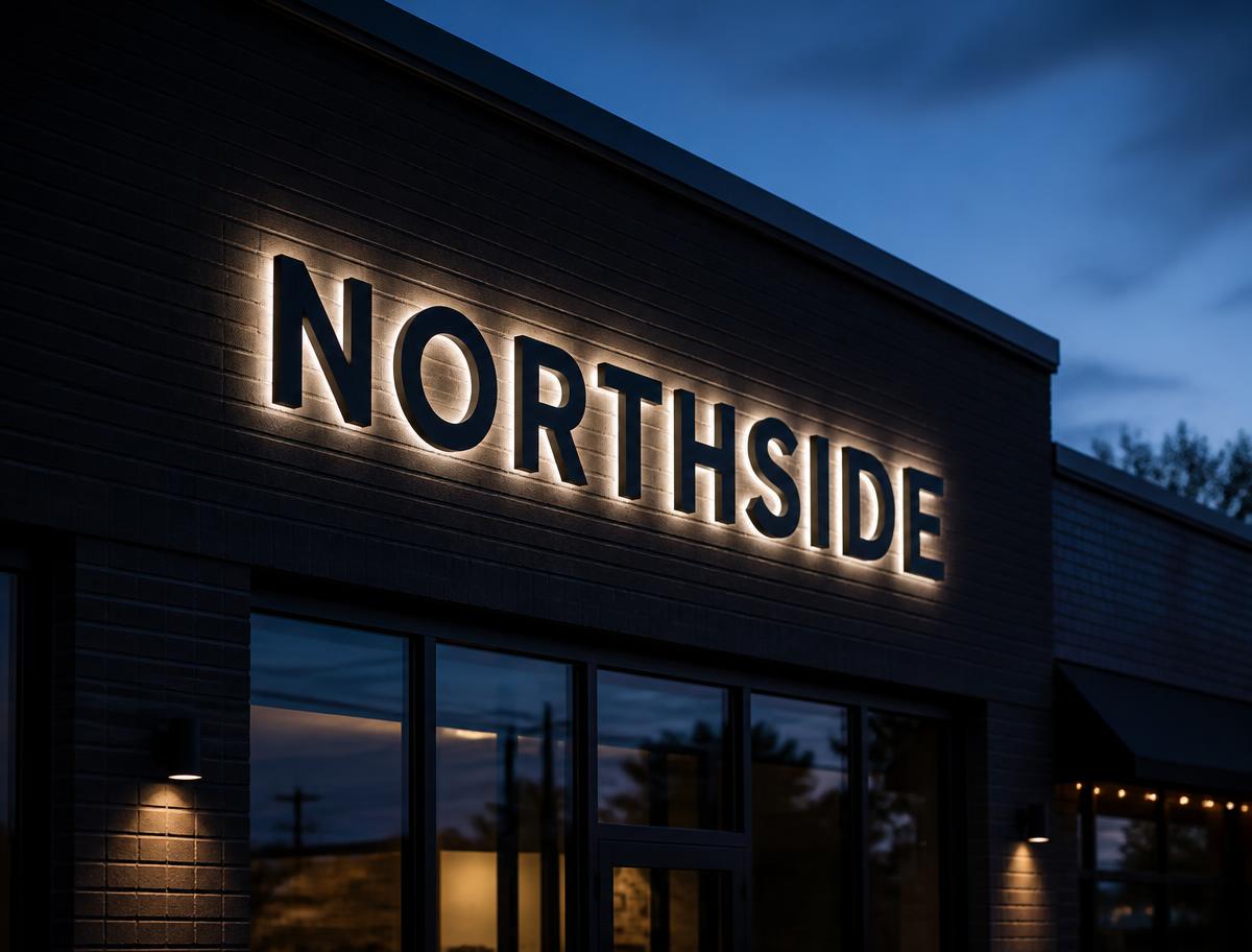 Matte black halo-lit letters reading Northside on a dark brick storefront fascia at dusk